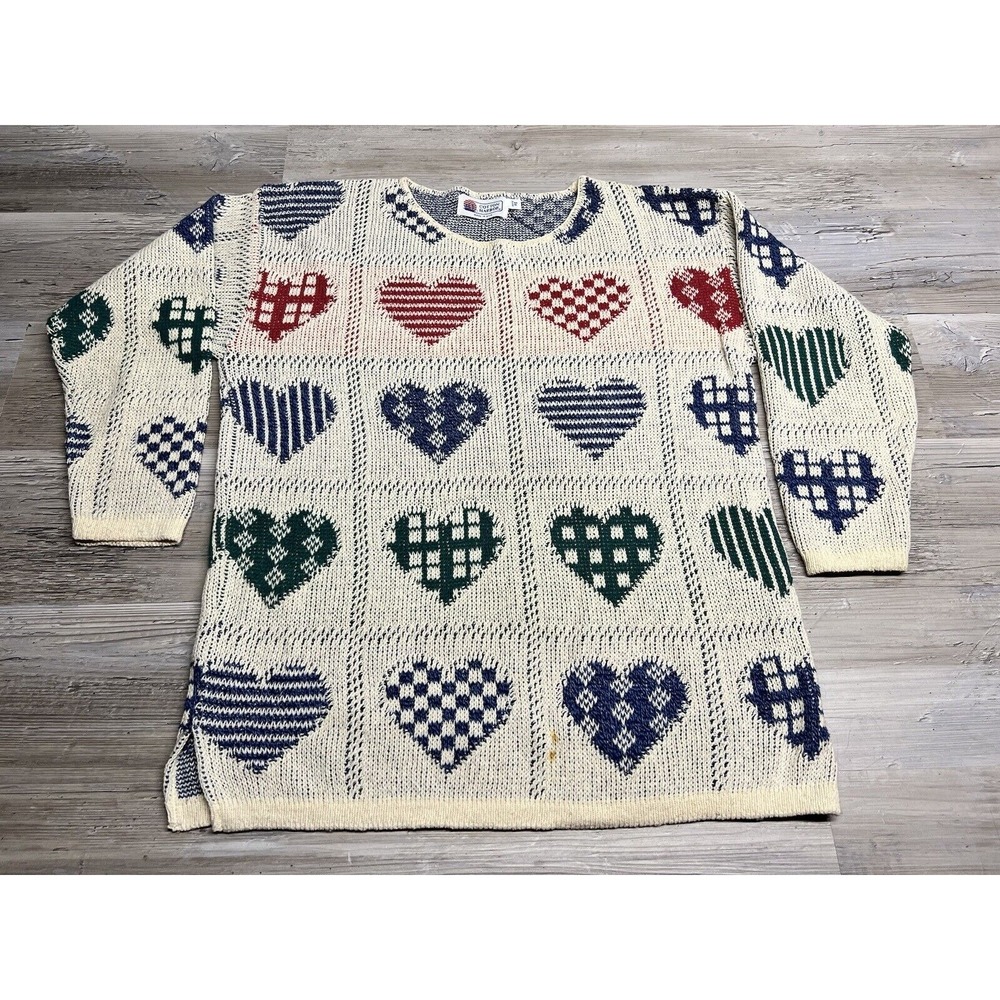 Vintage Women's Petite Small Quilt Hearts Grandma Knit Sweater Made in USA‎